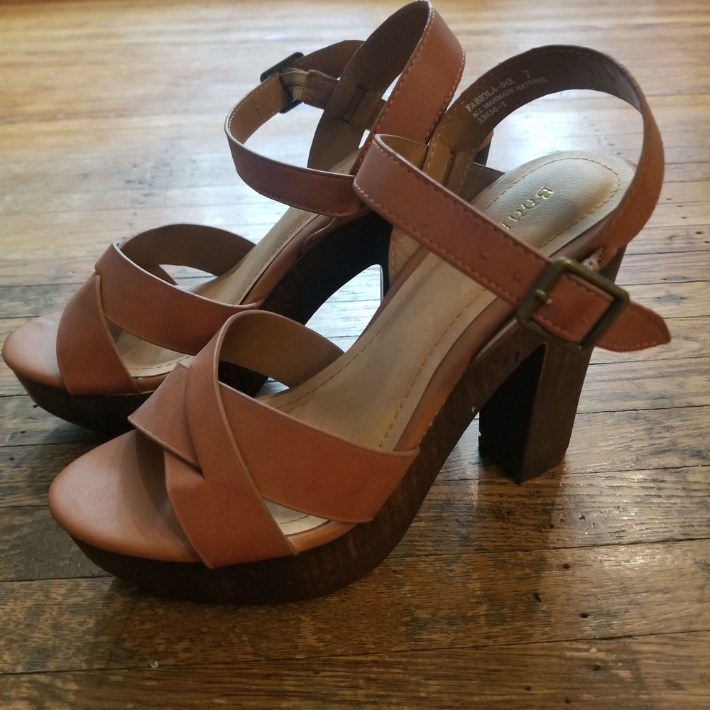 BAMBOO Tan Chunky Heel Sandals